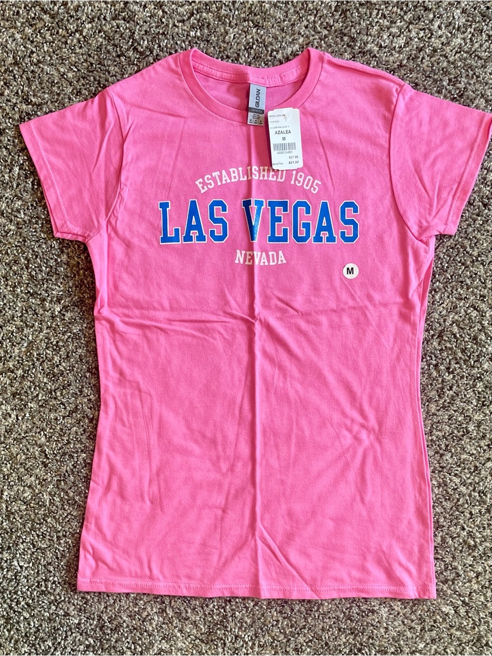 Gildan Pink Las Vegas Graphic Tee with Blue and White Print Size Womens Medium
